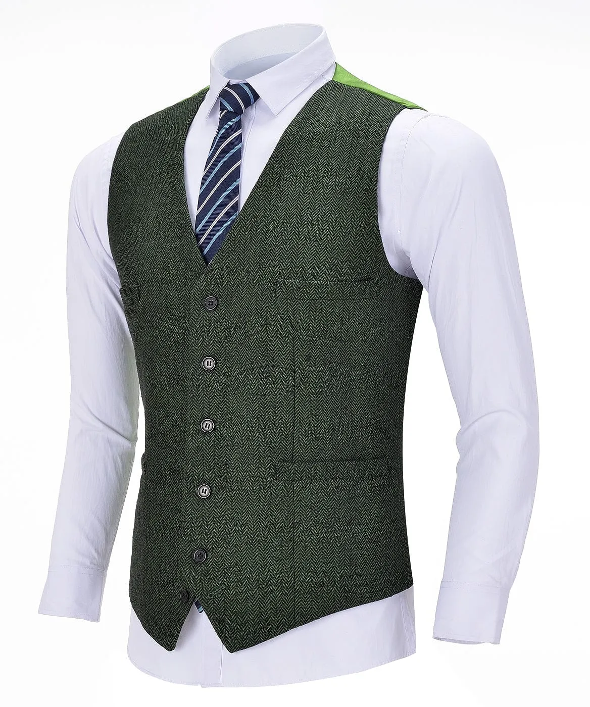 Green Herringbone V Neck Waistcoat