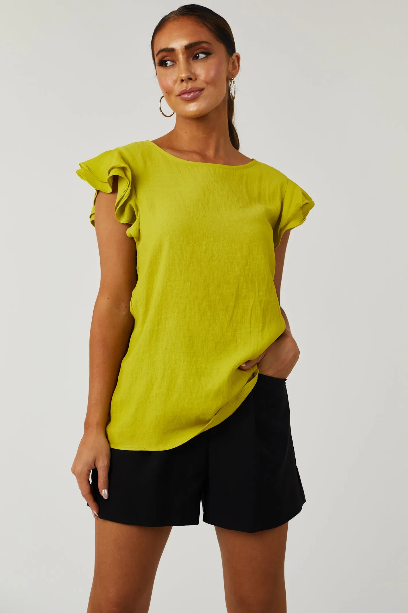 Hazy Lime Ruffle Cap Sleeve Textured Blouse