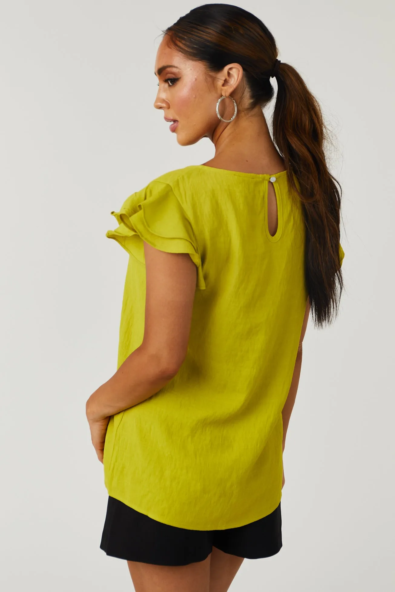 Hazy Lime Ruffle Cap Sleeve Textured Blouse