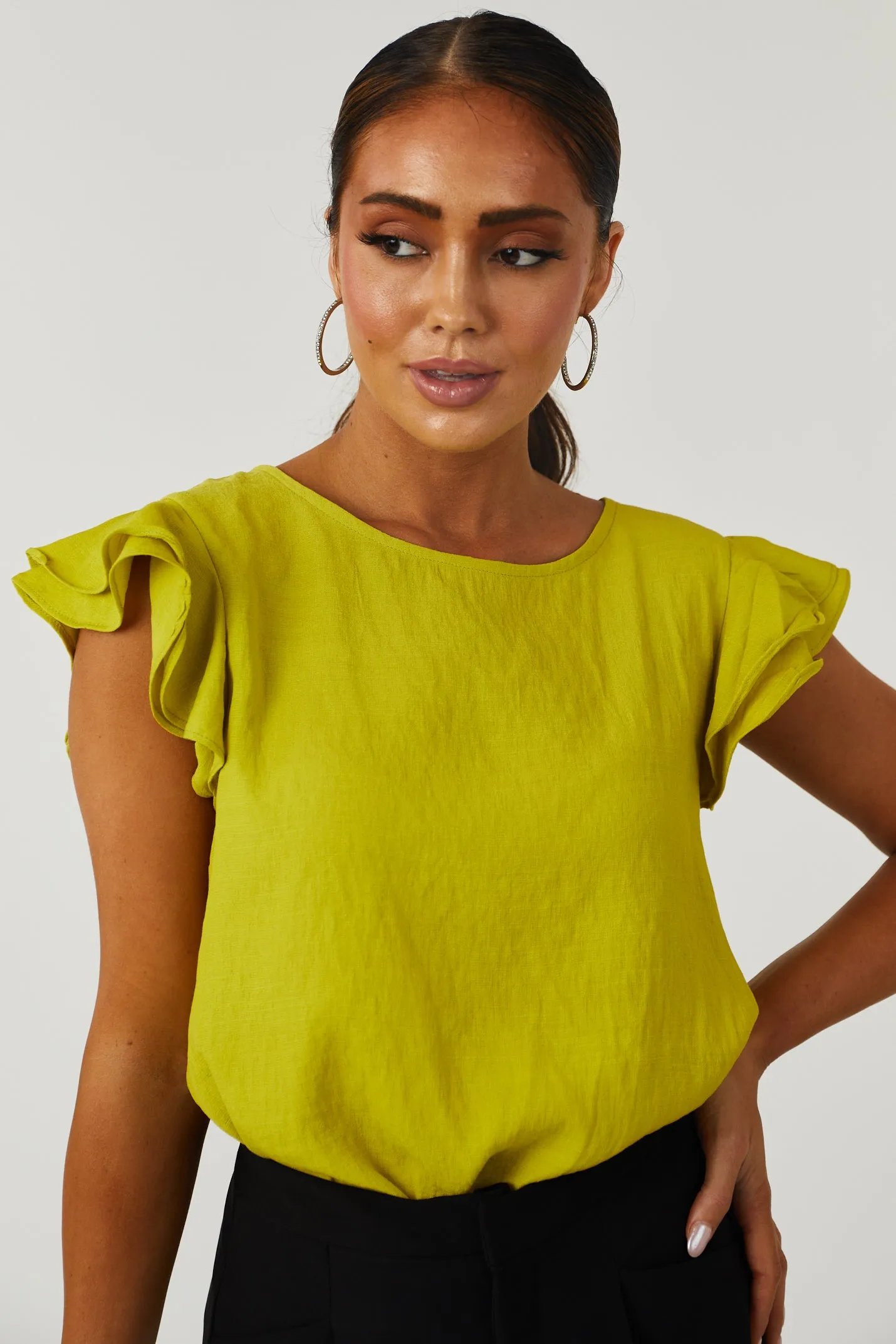 Hazy Lime Ruffle Cap Sleeve Textured Blouse