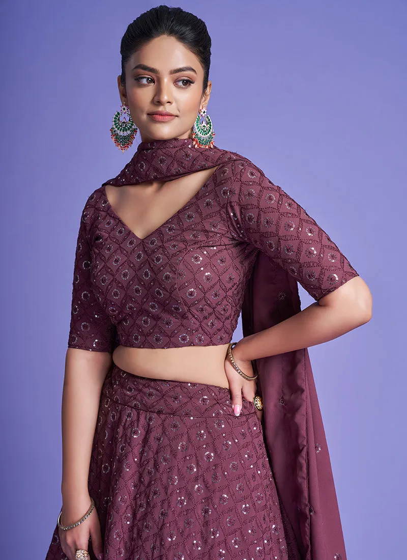 Hazy Mauve Sequence Embroidery Wedding Lehenga Choli