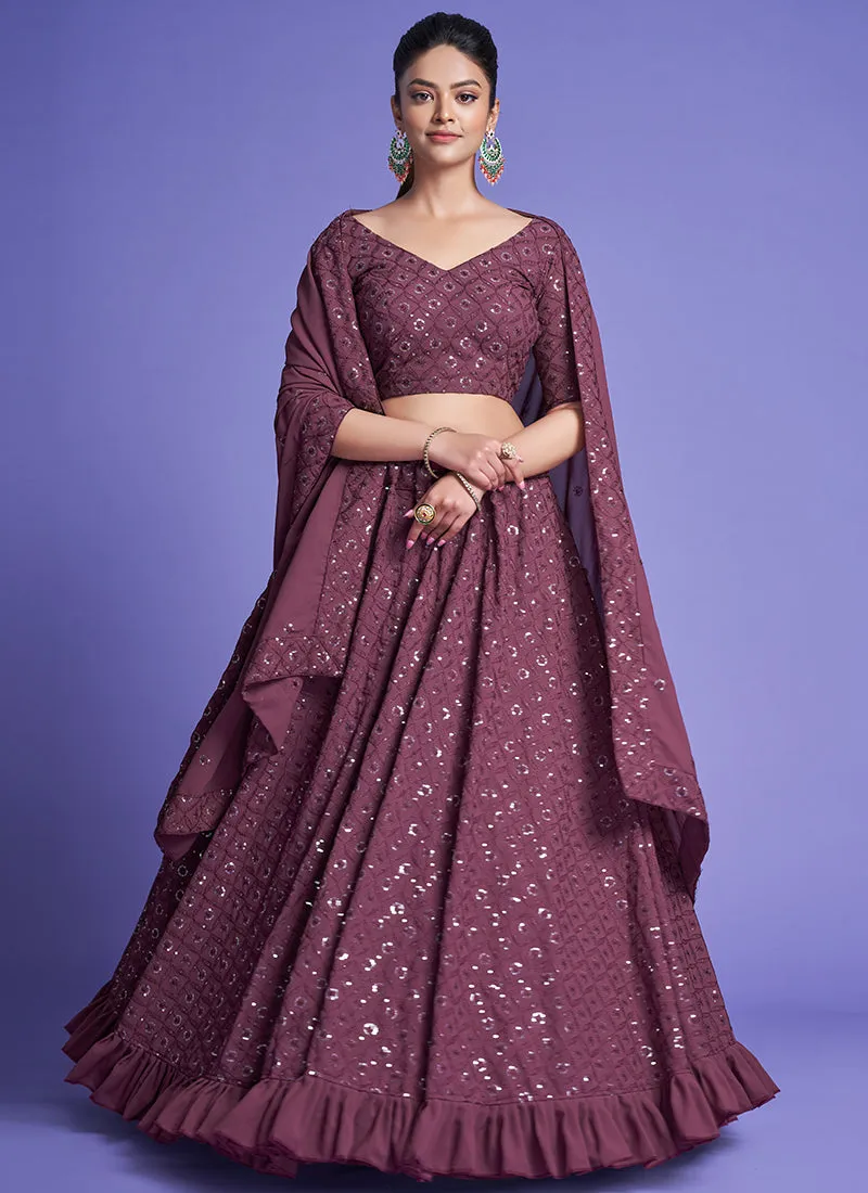 Hazy Mauve Sequence Embroidery Wedding Lehenga Choli