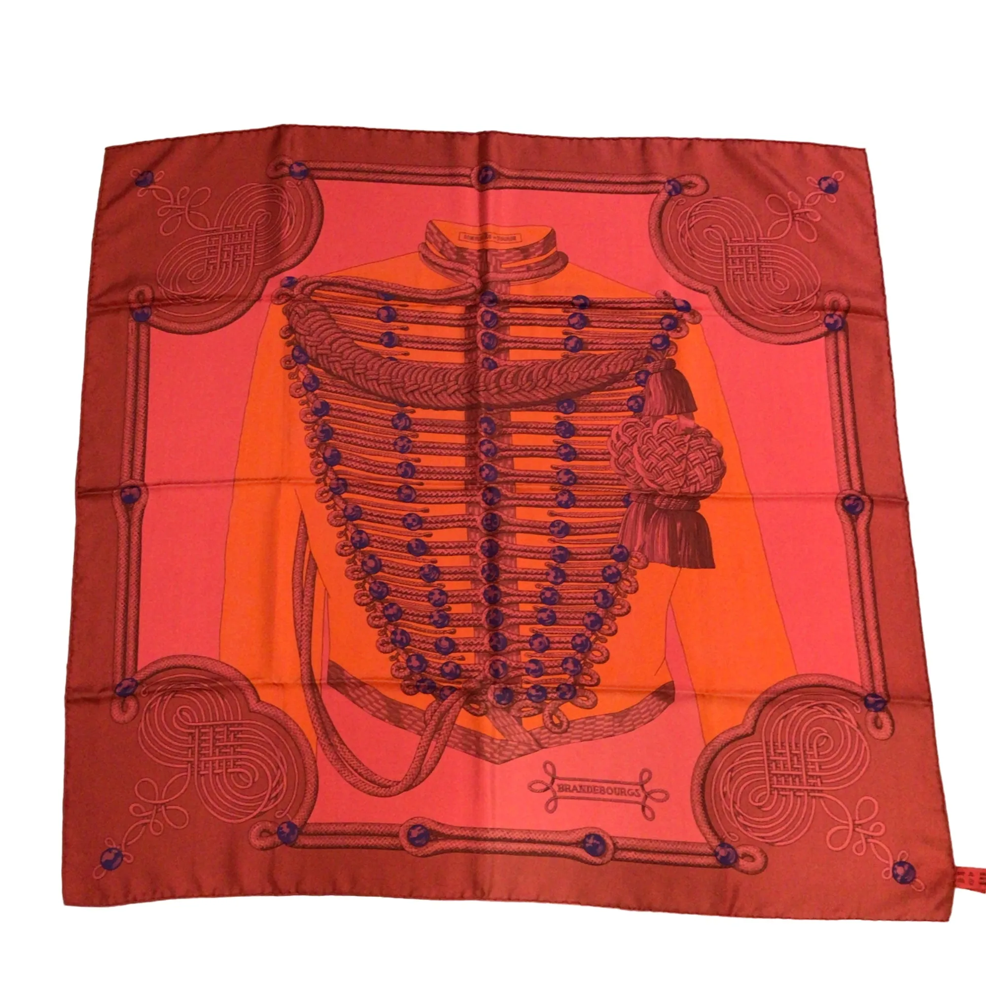 Hermes Red / Orange Brandebourgs Square Silk Twill Scarf