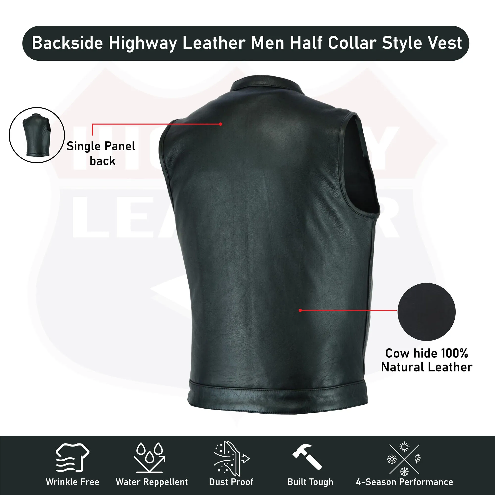 HL11689NKD Naked Black Outlaw Leather Club Vest Zipper/Snap Inside Gun Pockets NKD BLK