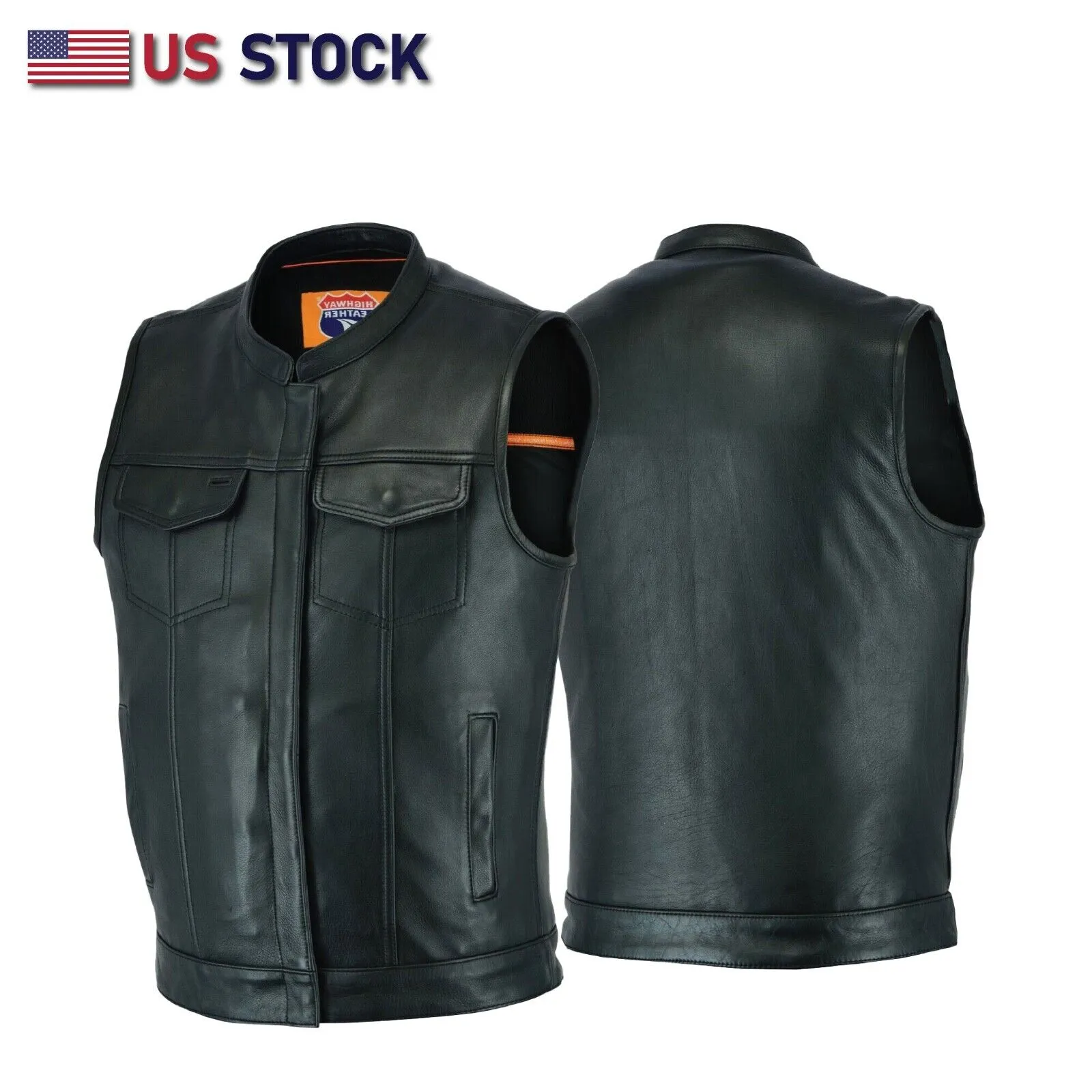 HL11689NKD Naked Black Outlaw Leather Club Vest Zipper/Snap Inside Gun Pockets NKD BLK