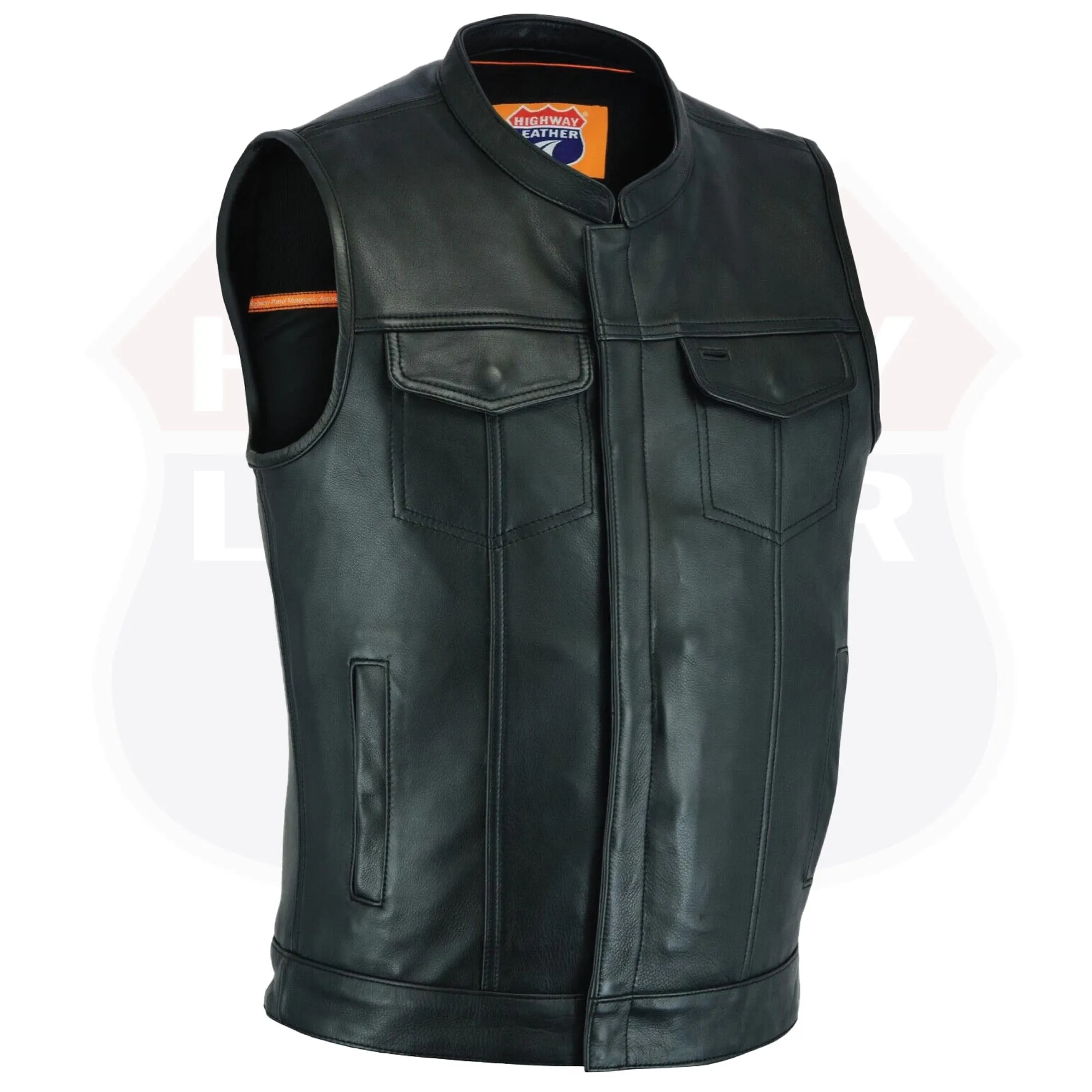 HL11689NKD Naked Black Outlaw Leather Club Vest Zipper/Snap Inside Gun Pockets NKD BLK