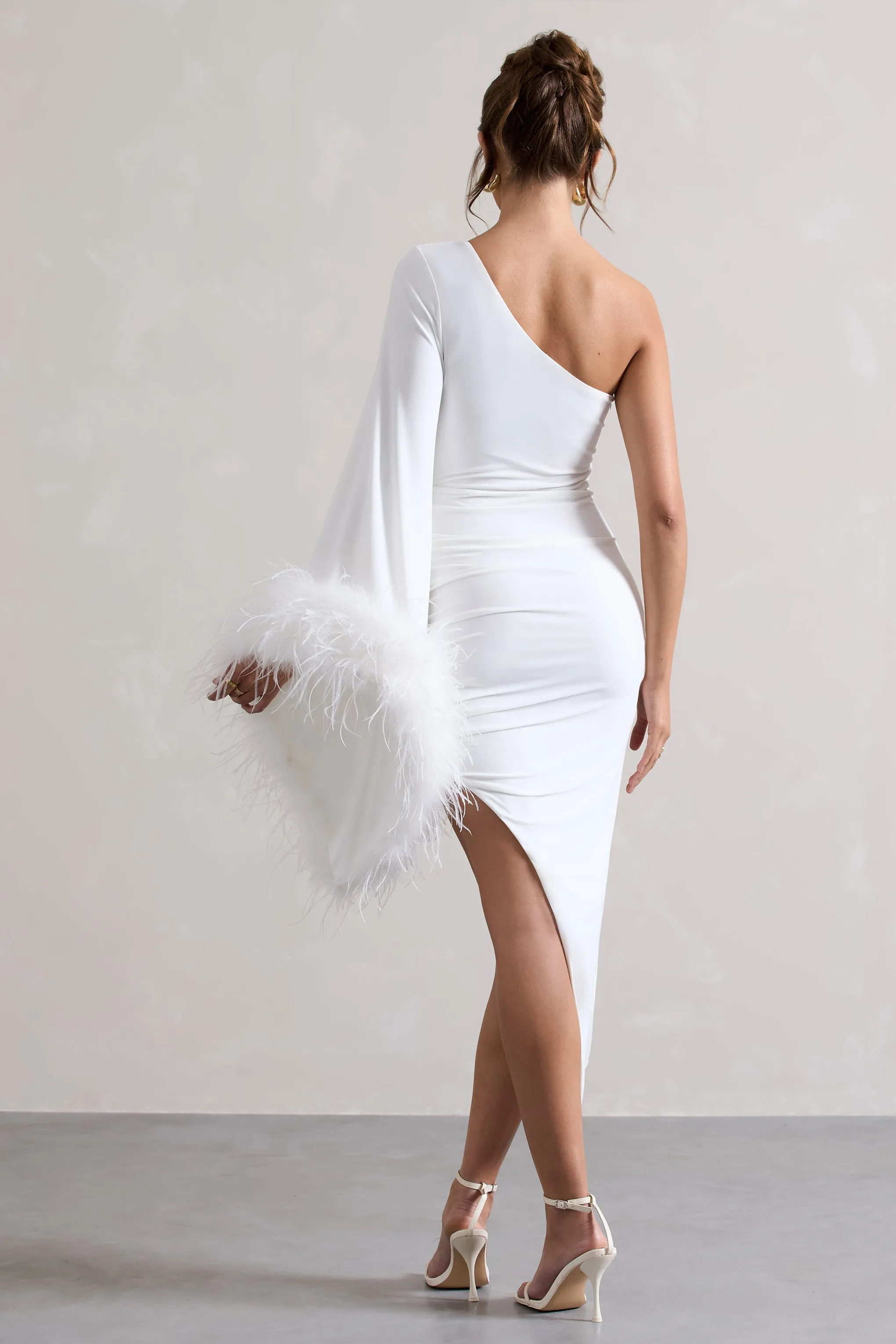 July | White Asymmetric One Shoulder Cape Midi Dress With Feathers