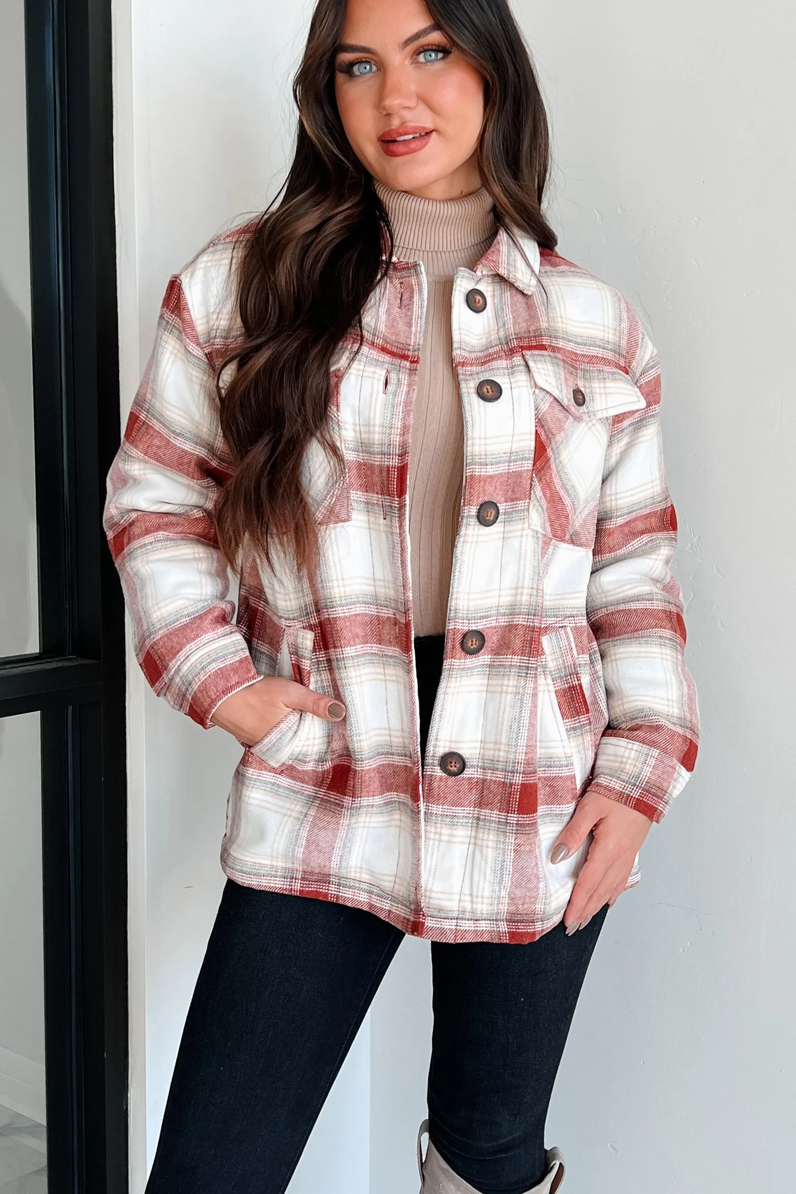 Keep Me Toasty Sherpa Lined Plaid Jacket (Terracotta)