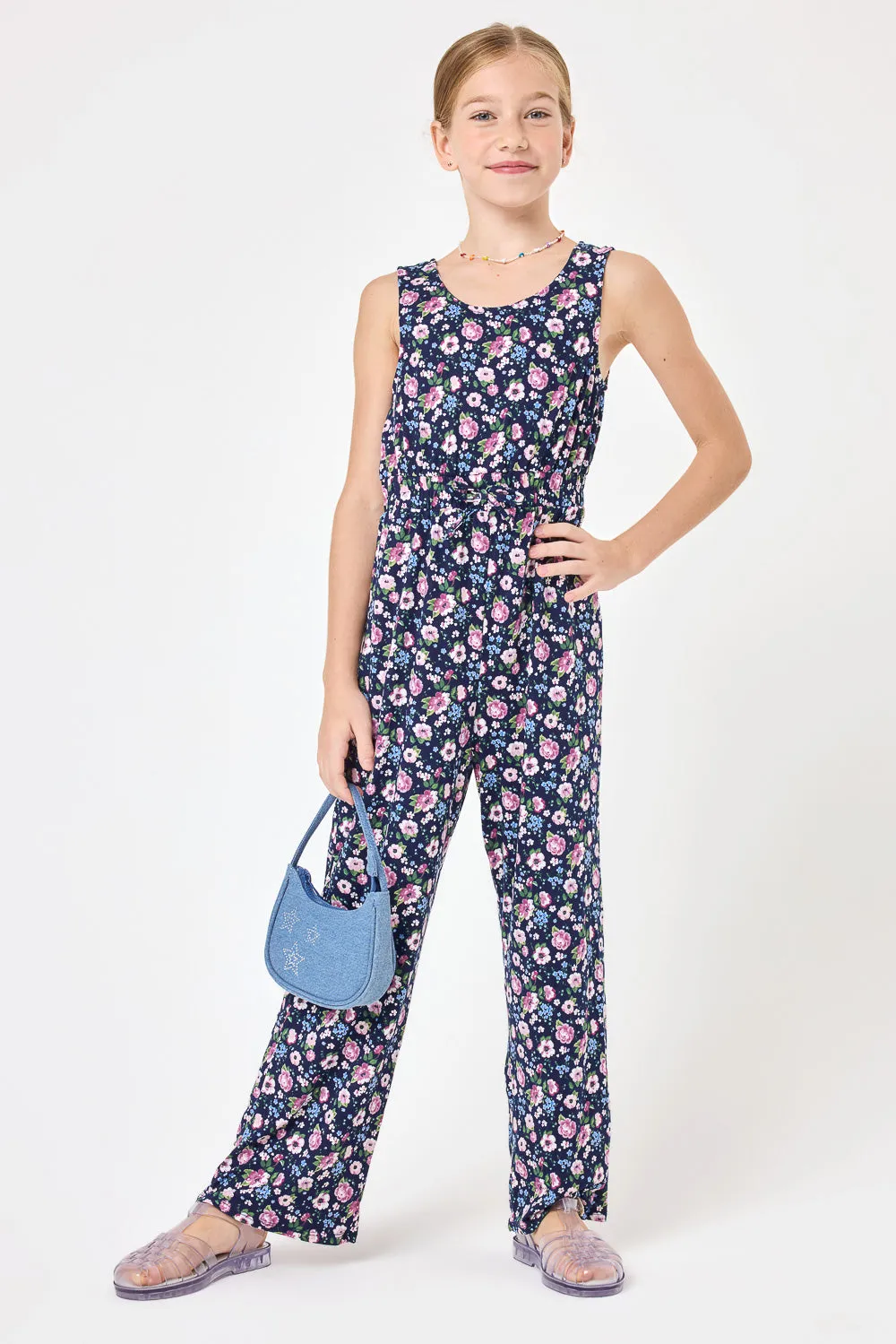 Kids Navy Floral Jumpsuit & White Jacket