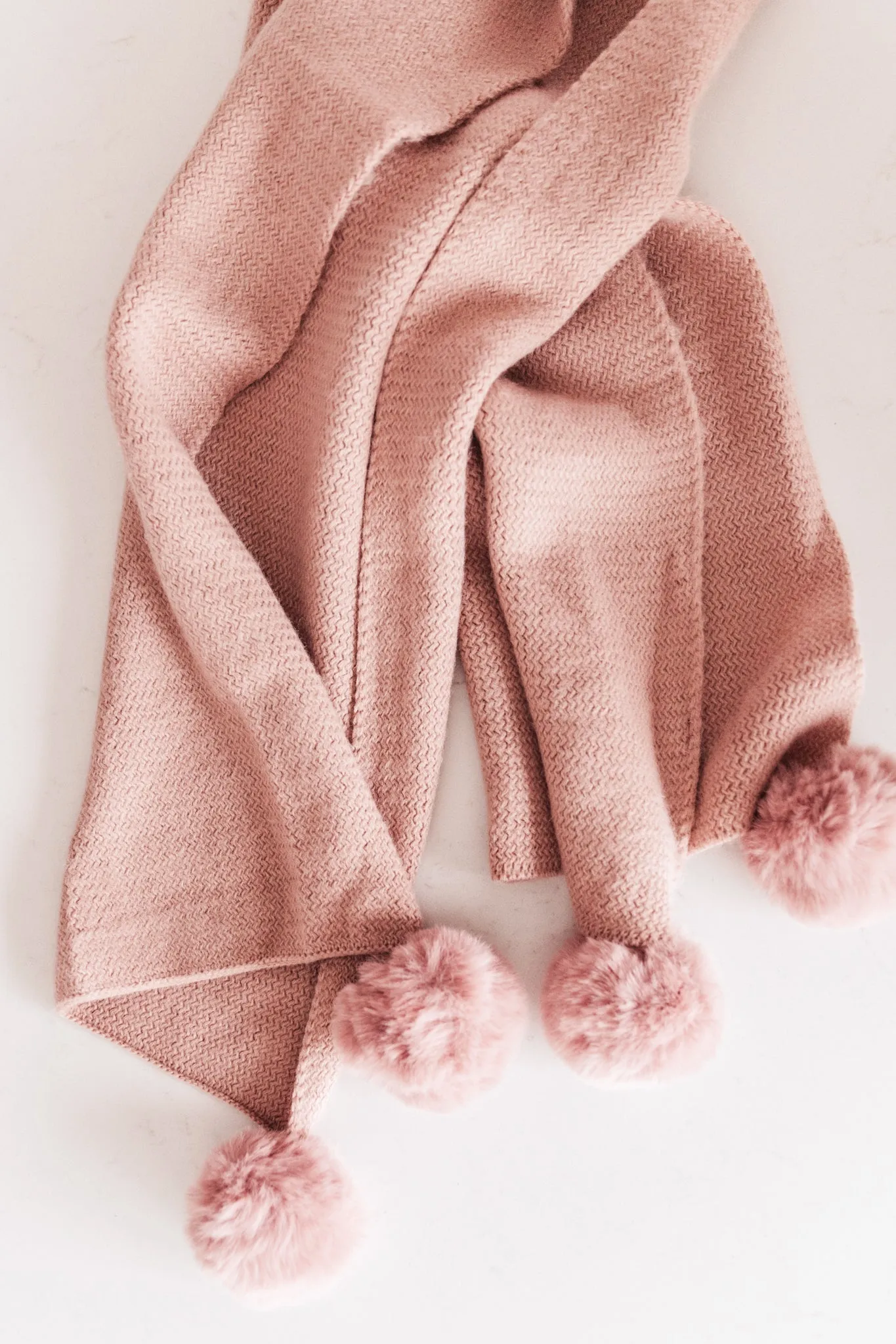 Knitted Fuzzy Pom Pom Scarf In Blush