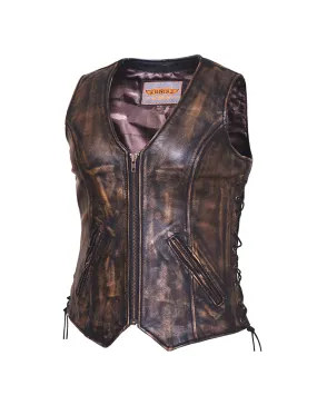 Ladies Nevada Brown Ultra Leather Motorcycle Zippered Vest