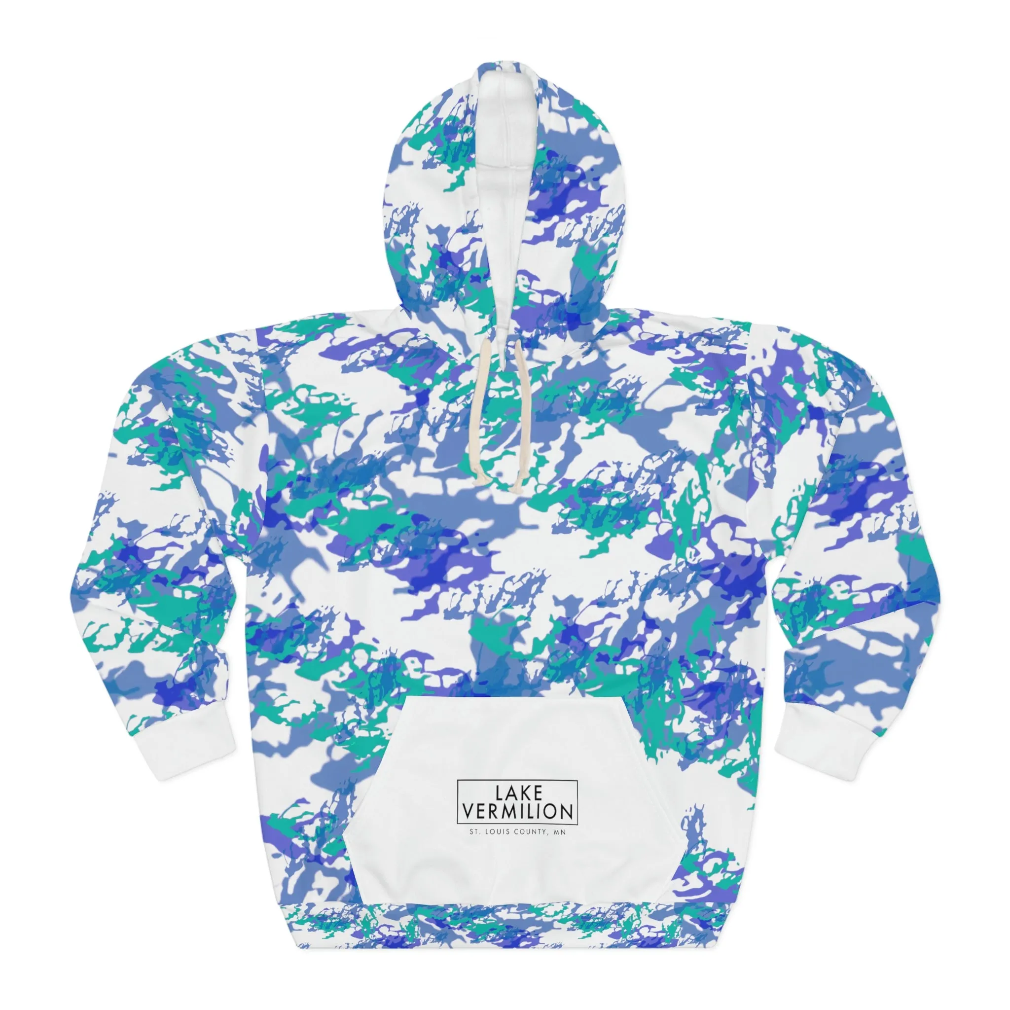 Lake Vermilion - MN - CUSTOM Vermilook® Blue & White Camo - White Pocket - AOP Unisex Pullover Hoodie