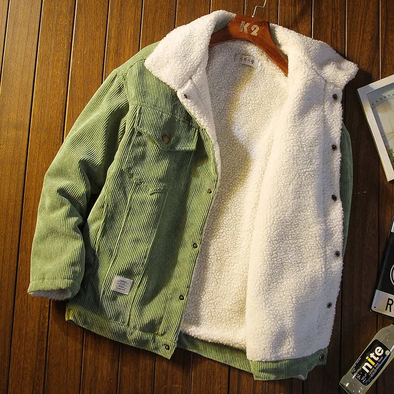 Lapel Collar Fleece-Lined Corduroy Jacket