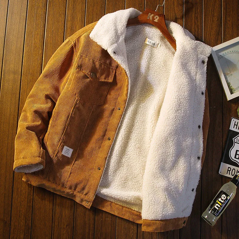 Lapel Collar Fleece-Lined Corduroy Jacket