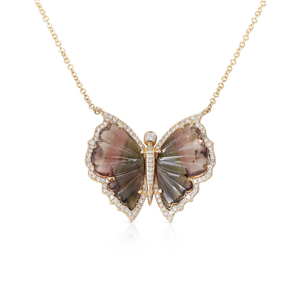 LARGE WATERMELON TOURMALINE AND DIAMOND BUTTERFLY NECKLACE