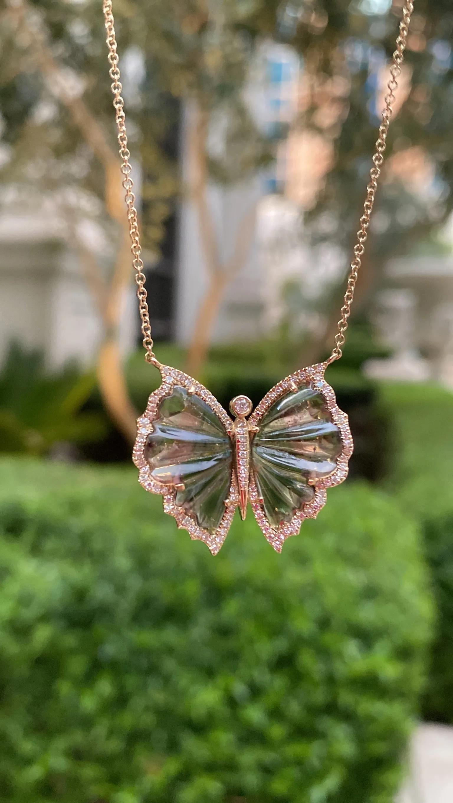 LARGE WATERMELON TOURMALINE AND DIAMOND BUTTERFLY NECKLACE