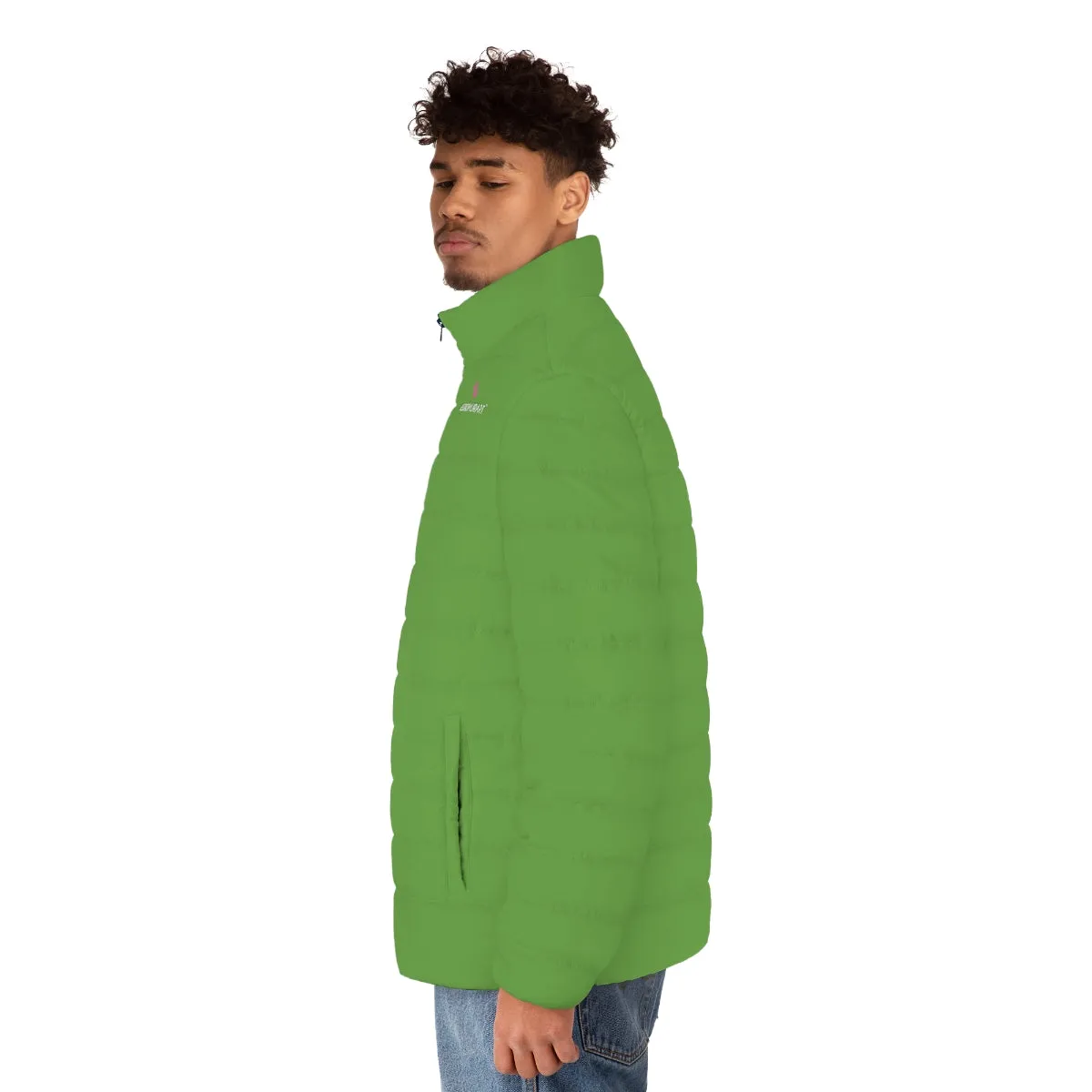 Light Green Color Men's Jacket, Solid Green Color Best Regular Fit Polyester Men's Puffer Jacket With Stand Up Collar (US Size: S-2XL)