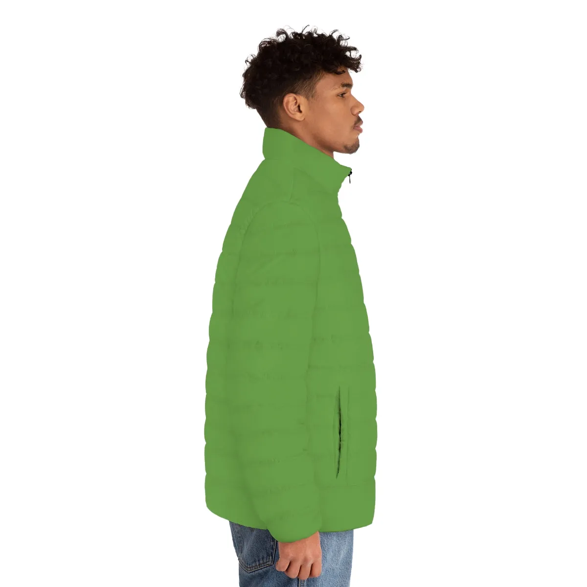 Light Green Color Men's Jacket, Solid Green Color Best Regular Fit Polyester Men's Puffer Jacket With Stand Up Collar (US Size: S-2XL)