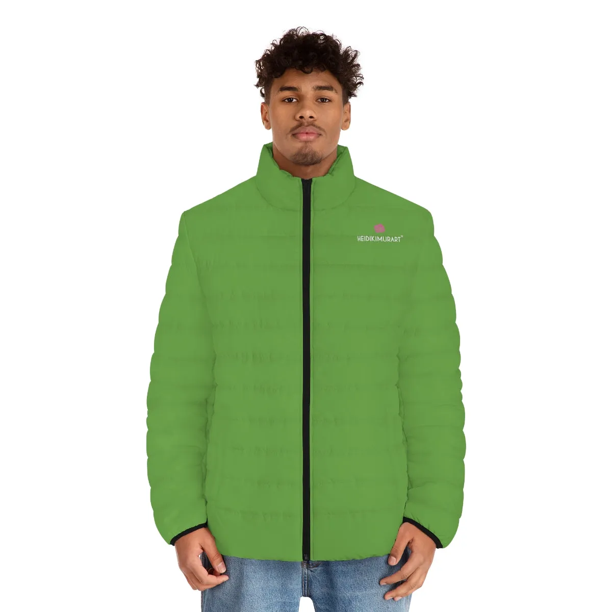 Light Green Color Men's Jacket, Solid Green Color Best Regular Fit Polyester Men's Puffer Jacket With Stand Up Collar (US Size: S-2XL)