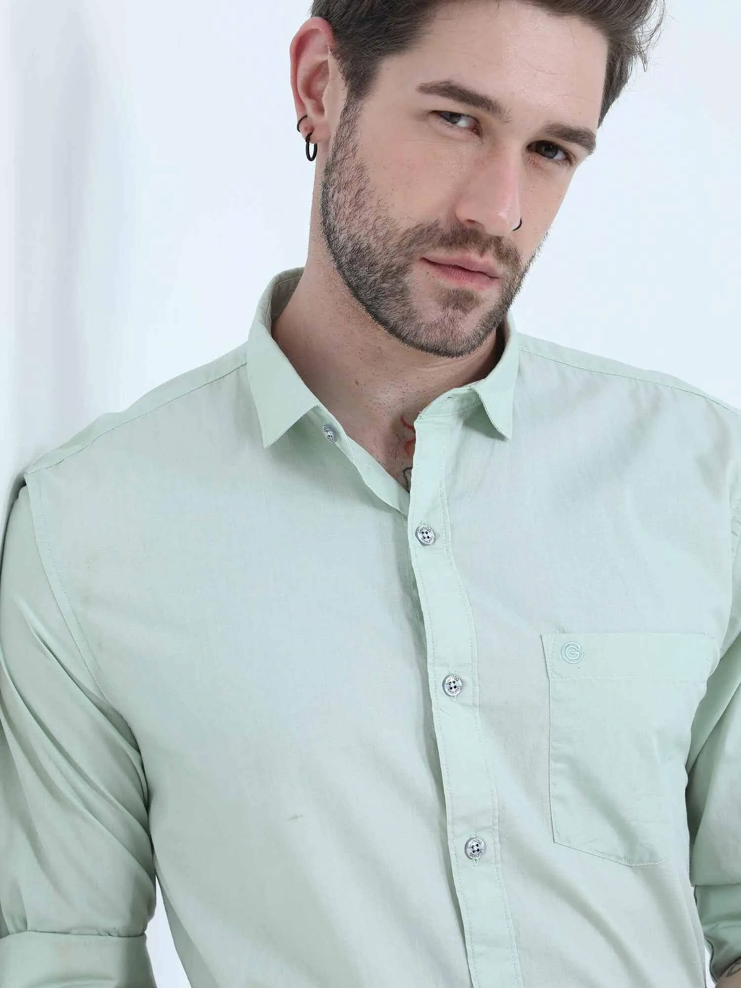 Light Green Solid Cotton Full Sleeve Shirt