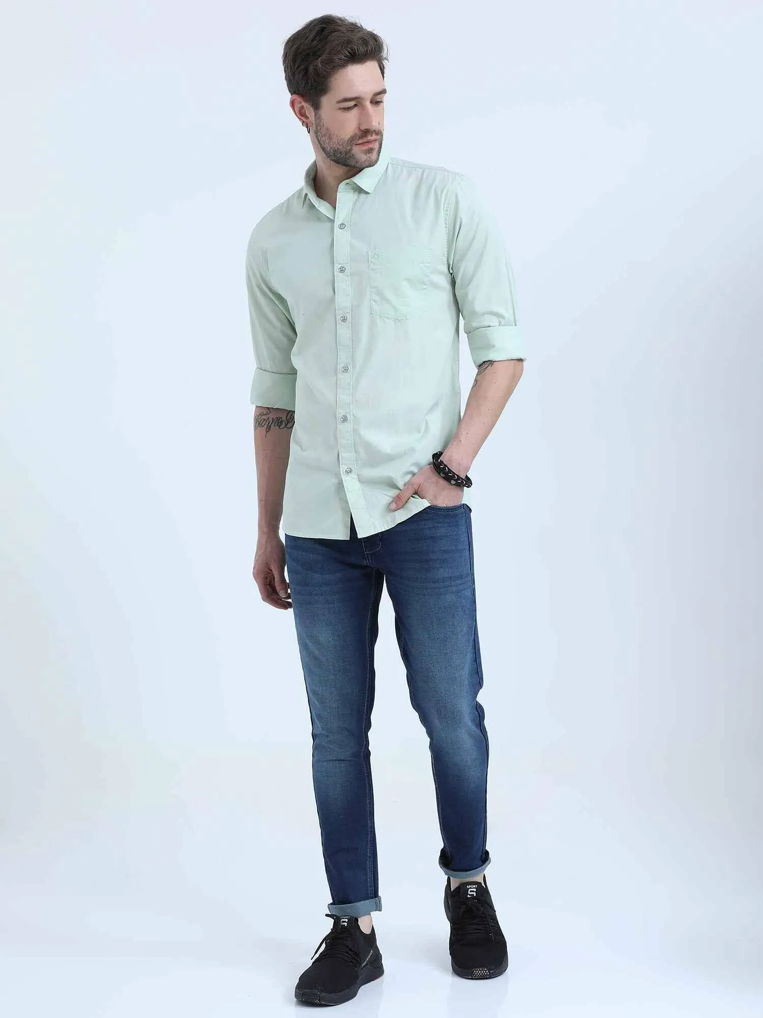 Light Green Solid Cotton Full Sleeve Shirt