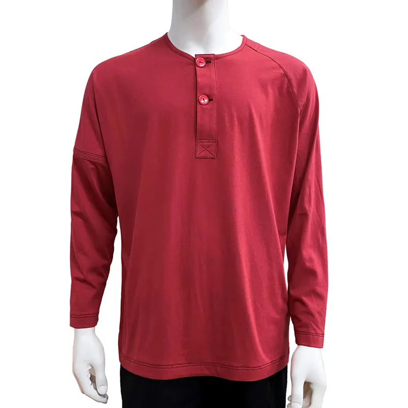 Loose Fit Long Sleeve Henley, Cherry Red