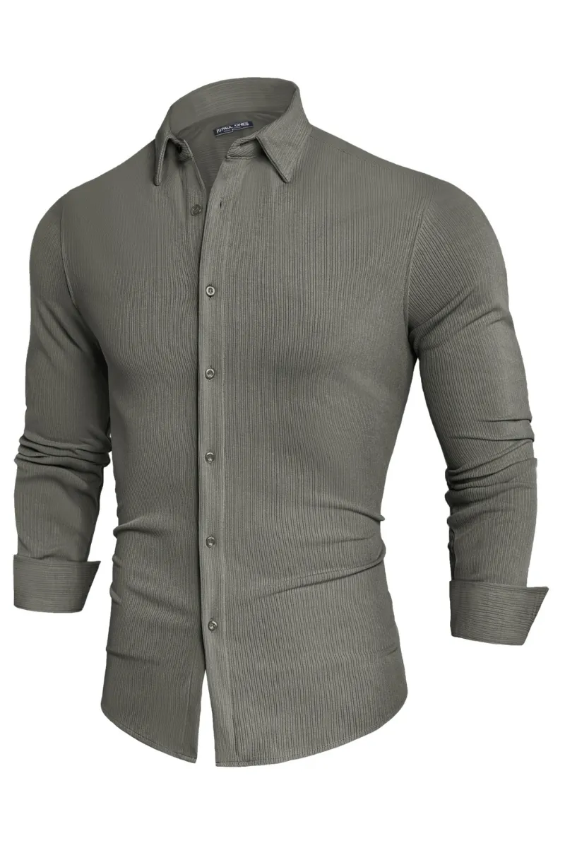 Men Curved Hem Shirt Casual Long Sleeve Lapel Collar Button-up Tops