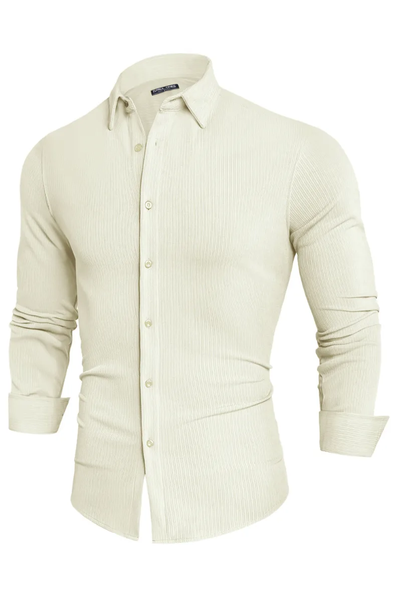 Men Curved Hem Shirt Casual Long Sleeve Lapel Collar Button-up Tops