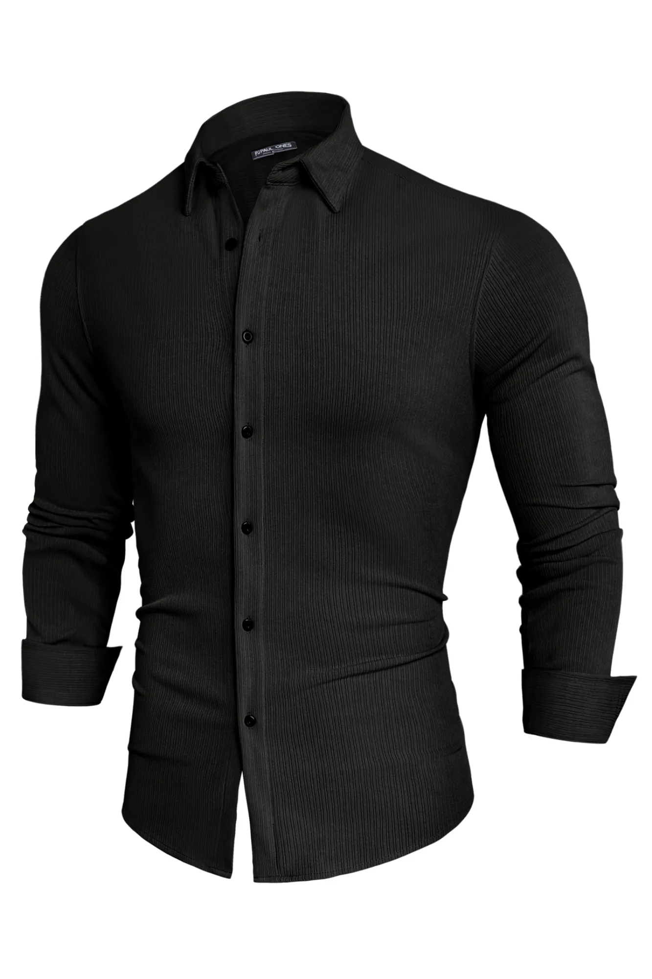 Men Curved Hem Shirt Casual Long Sleeve Lapel Collar Button-up Tops