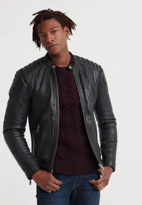 Men’s Black Leather Crew Neck Biker Jacket