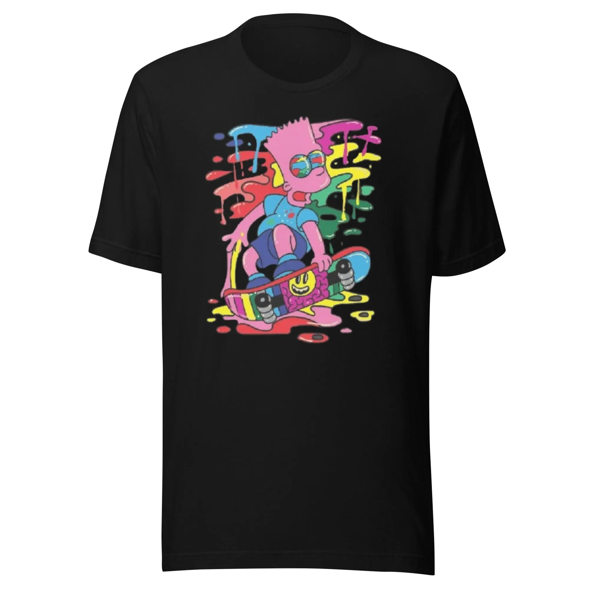 Modern Pop Art T-shirt Melting Animated TV Character on Sketeboard Short Sleeve Crewneck Unisex Top