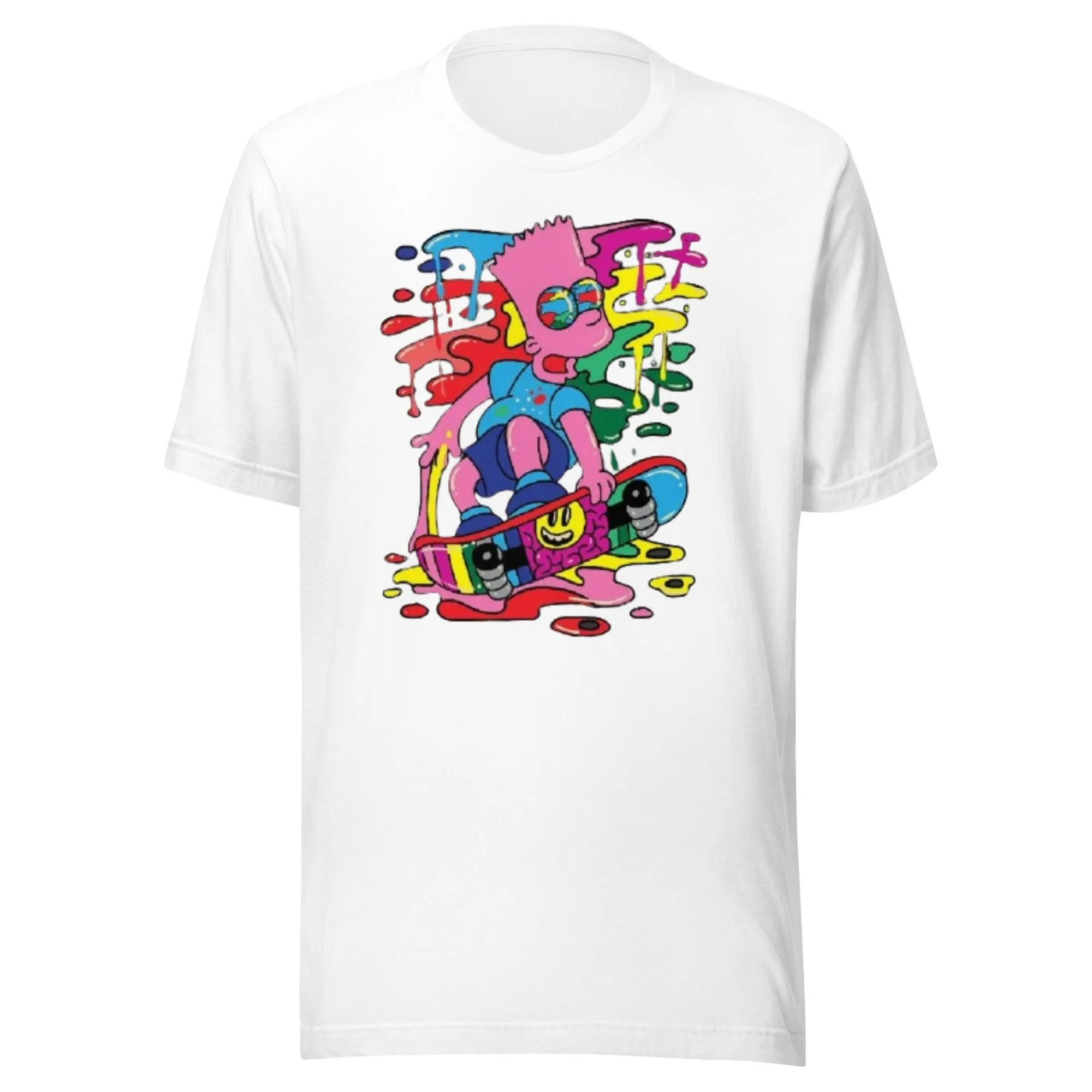 Modern Pop Art T-shirt Melting Animated TV Character on Sketeboard Short Sleeve Crewneck Unisex Top