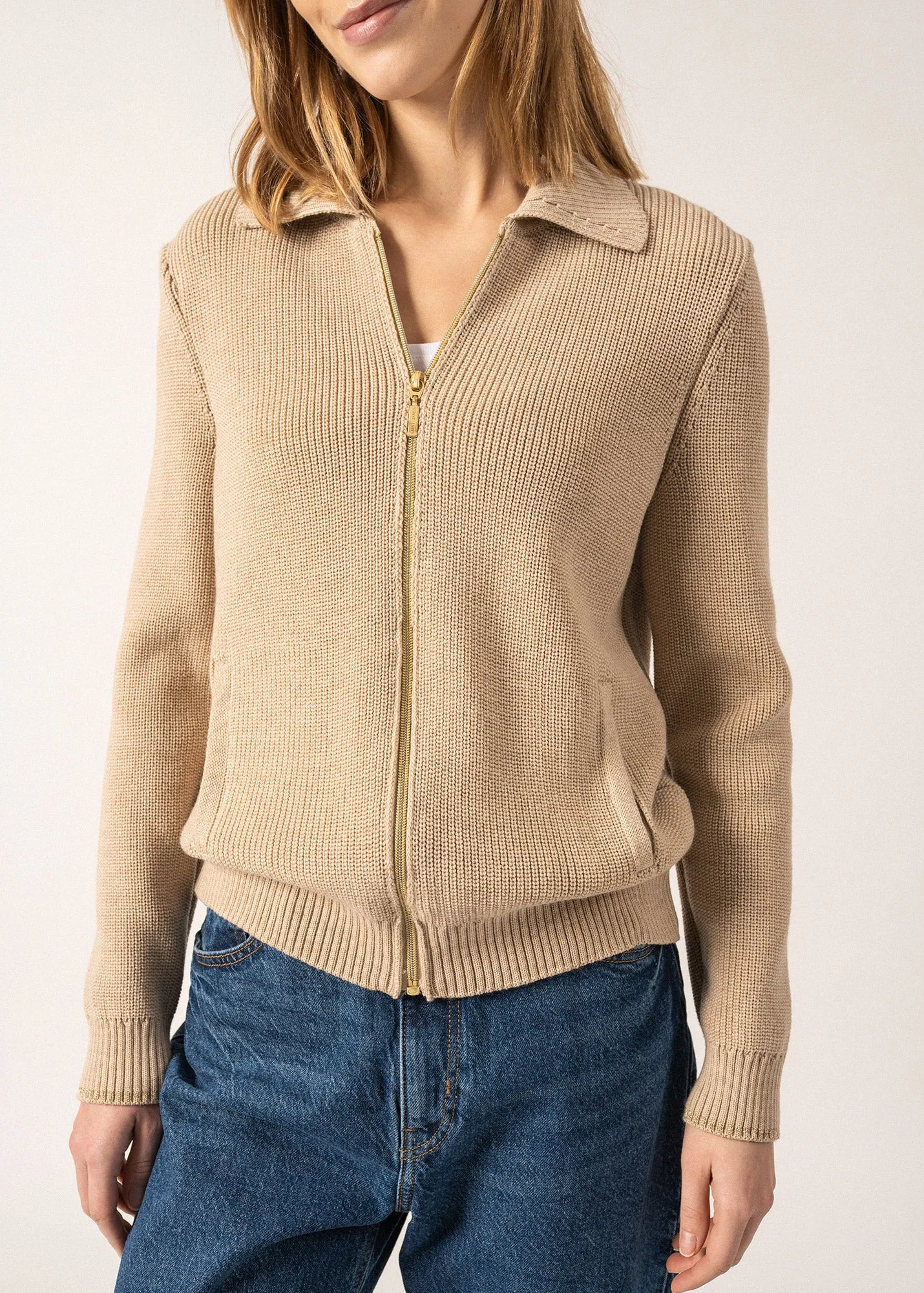 Moutiers Zip-up Cardigan - with lurex details (BEIGE)