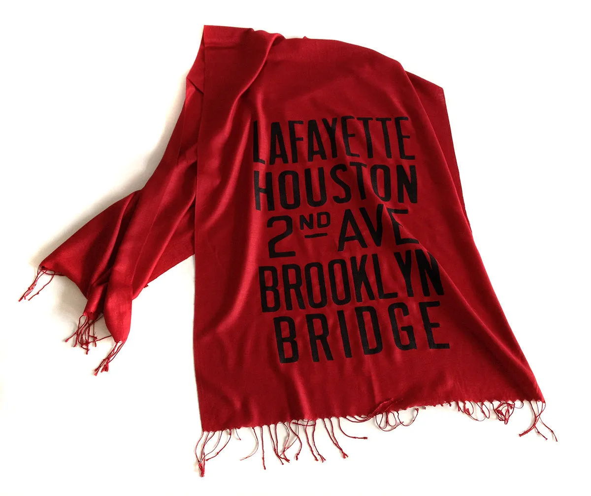 New York City Subway Scarf. Brooklyn scroll sign linen-weave pashmina.