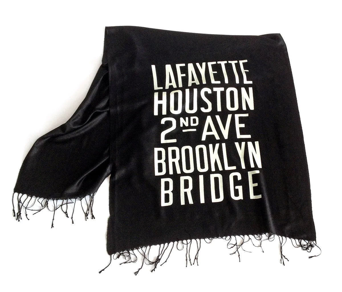 New York City Subway Scarf. Brooklyn scroll sign linen-weave pashmina.