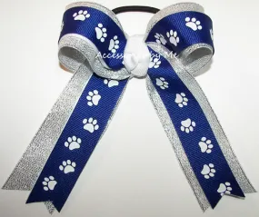 Paw Print Blue White Silver Ponytail Bow