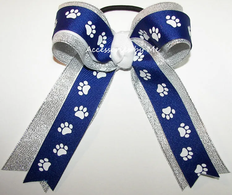 Paw Print Blue White Silver Ponytail Bow