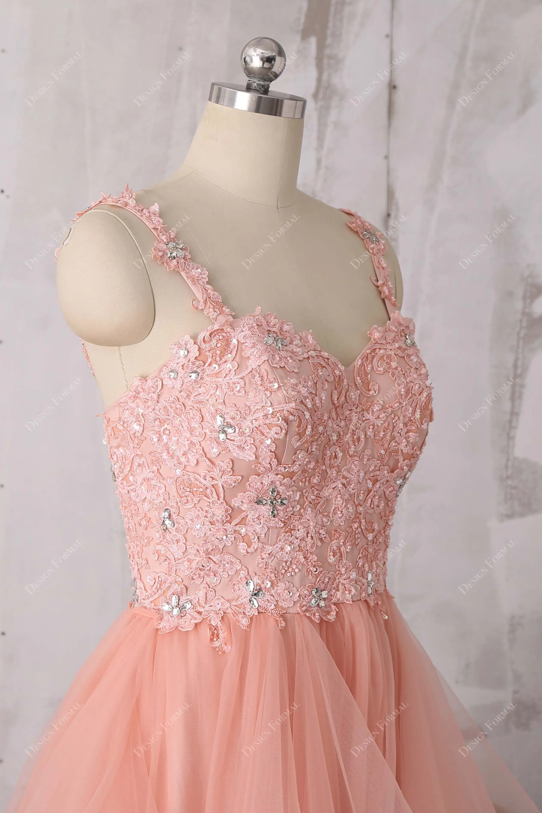 Peach Lace Spaghetti Straps Ruffled Tulle Trendy Long Dress