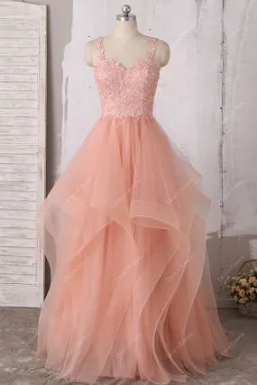 Peach Lace Spaghetti Straps Ruffled Tulle Trendy Long Dress