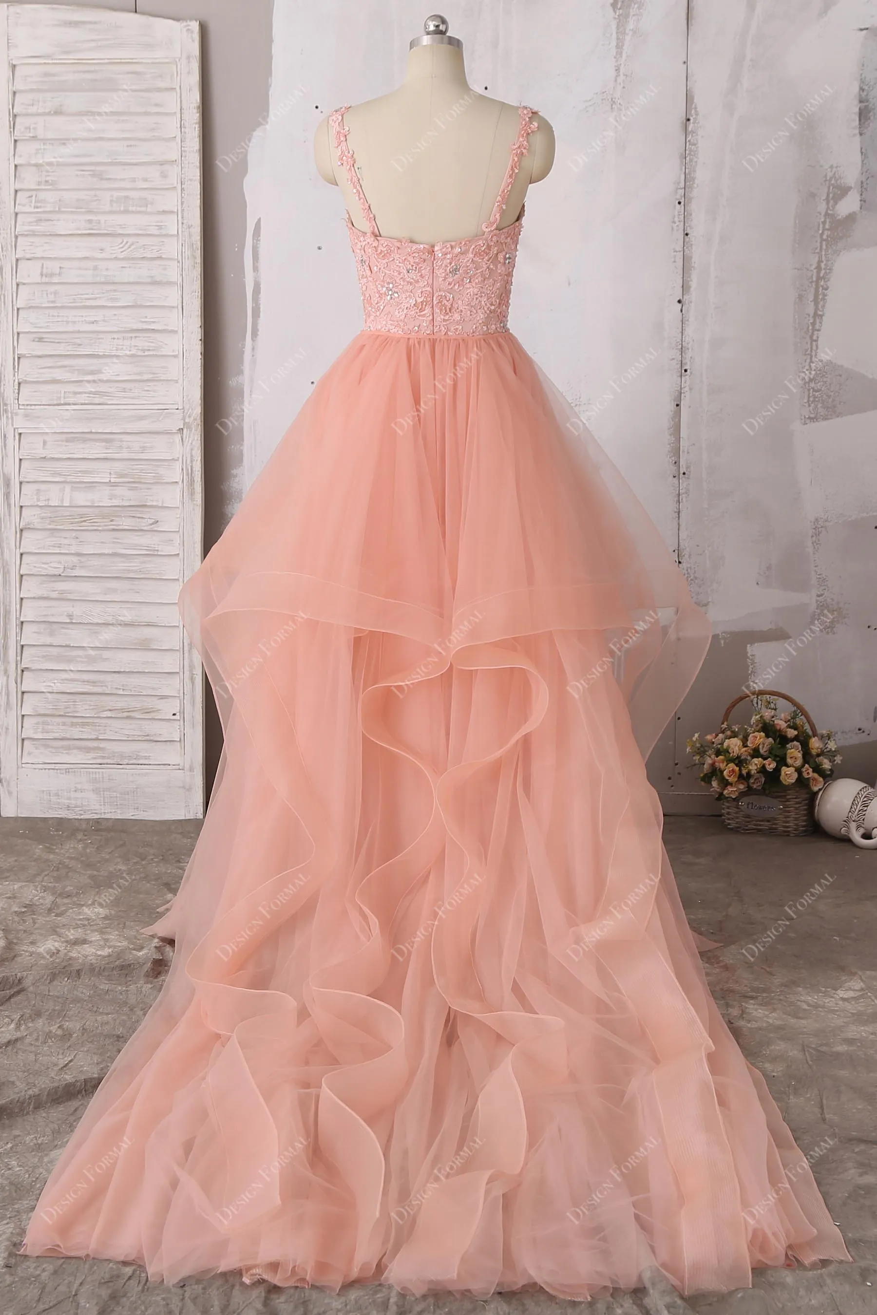 Peach Lace Spaghetti Straps Ruffled Tulle Trendy Long Dress