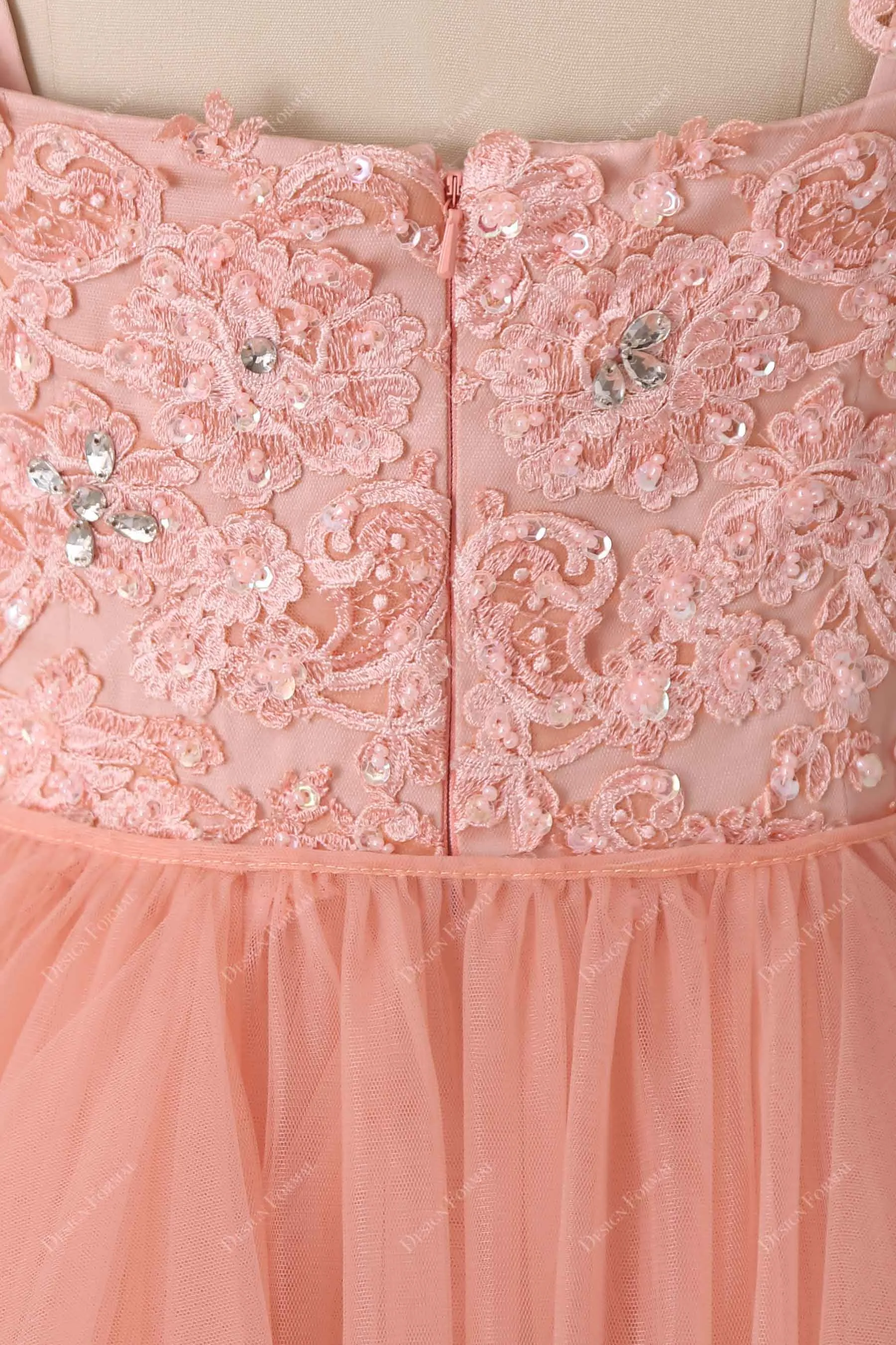 Peach Lace Spaghetti Straps Ruffled Tulle Trendy Long Dress