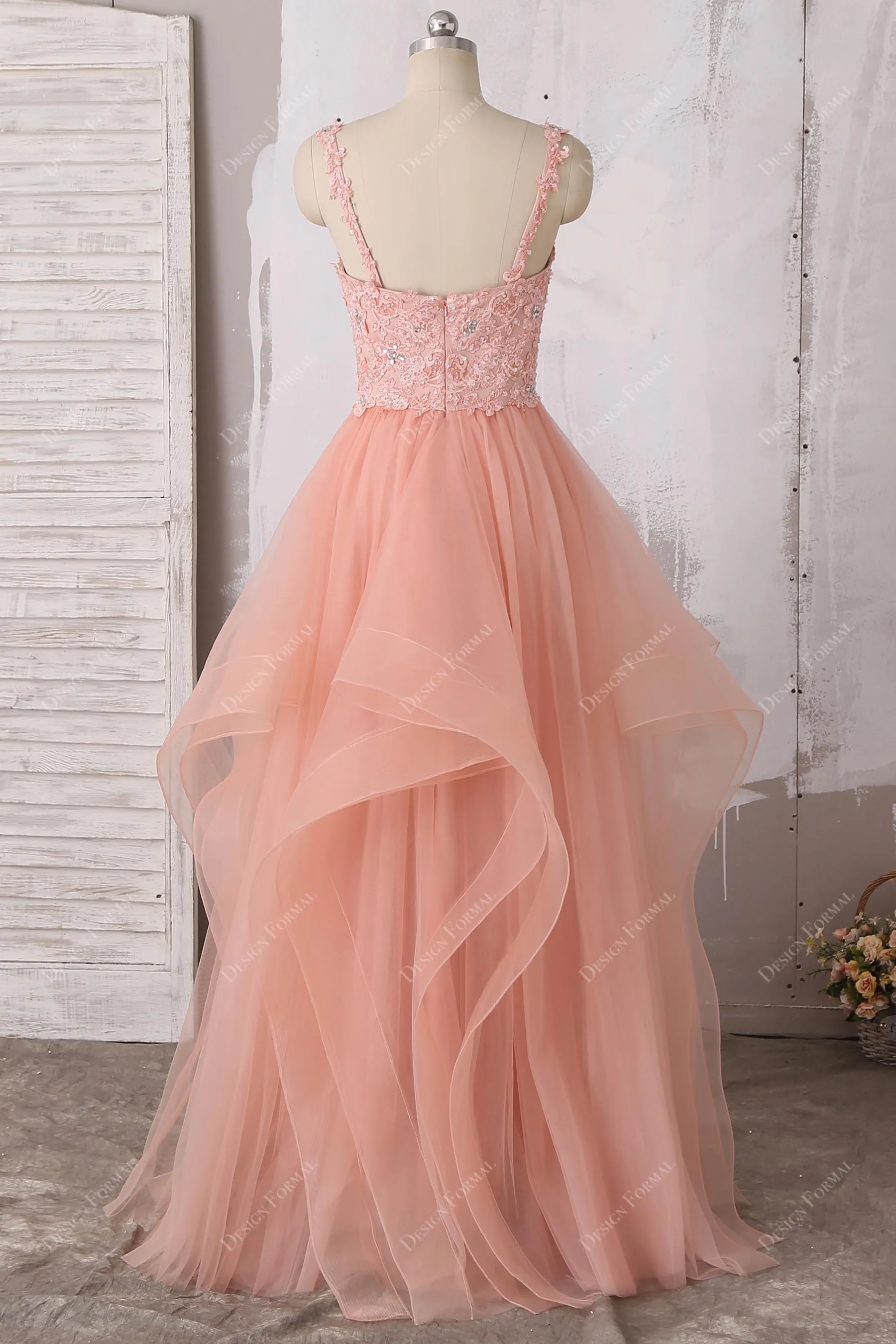 Peach Lace Spaghetti Straps Ruffled Tulle Trendy Long Dress