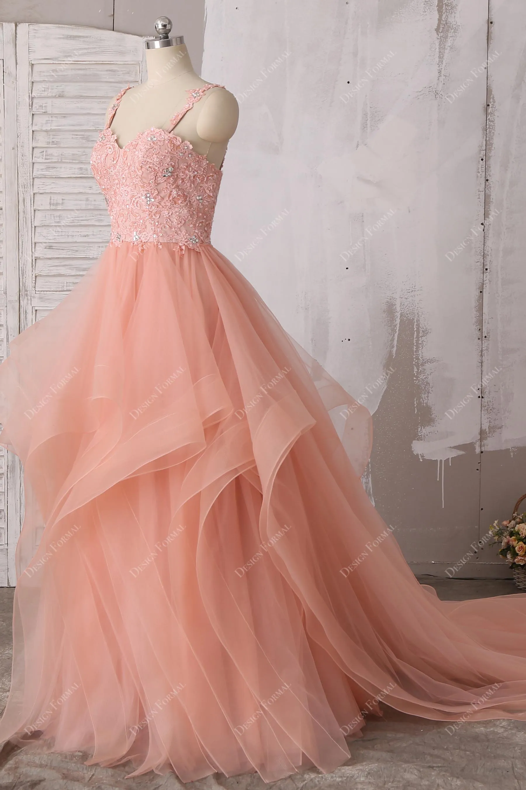 Peach Lace Spaghetti Straps Ruffled Tulle Trendy Long Dress