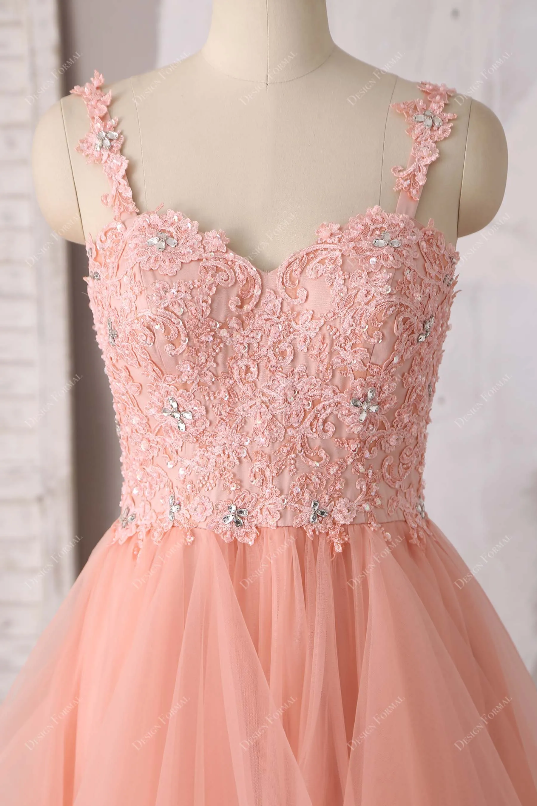 Peach Lace Spaghetti Straps Ruffled Tulle Trendy Long Dress