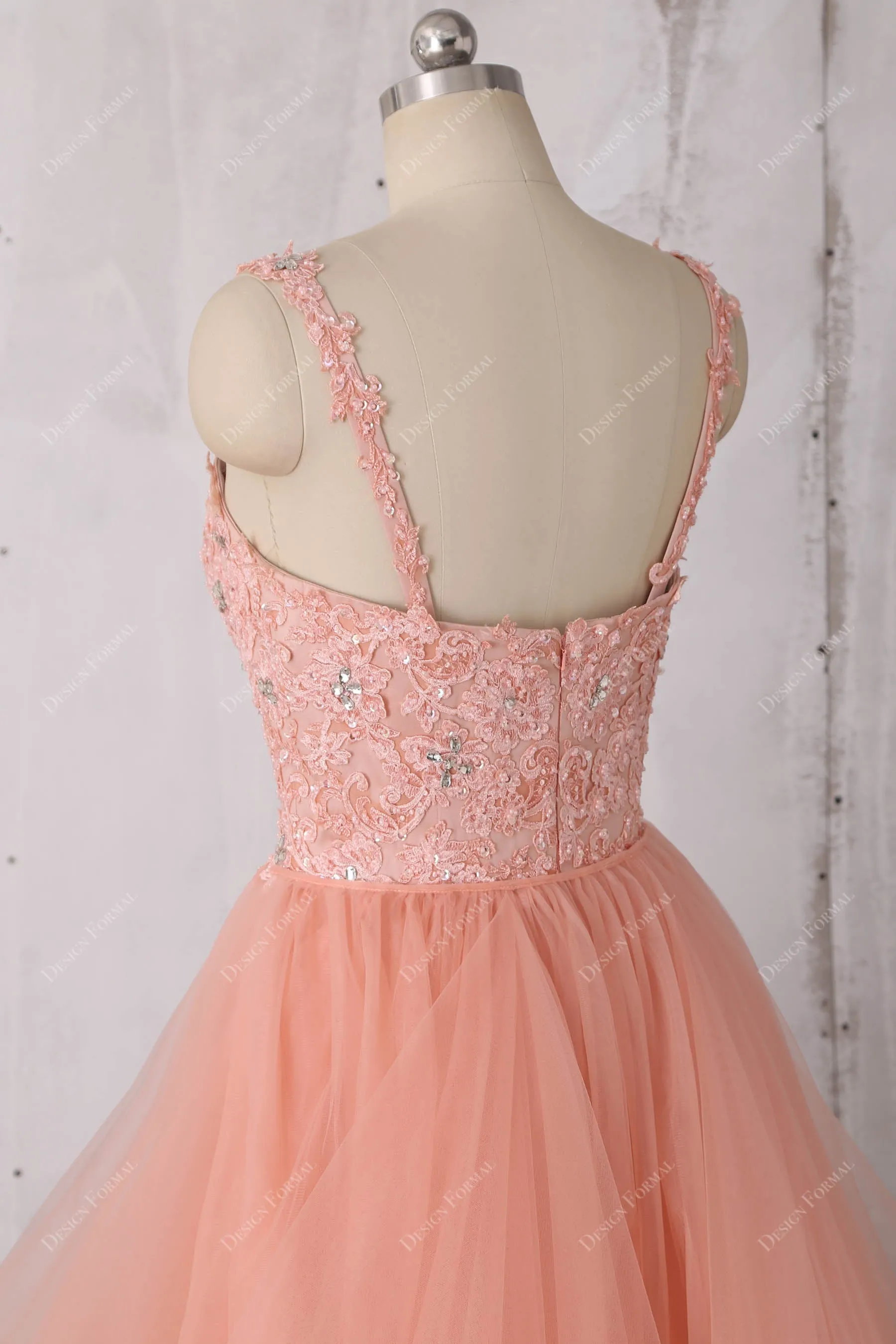 Peach Lace Spaghetti Straps Ruffled Tulle Trendy Long Dress