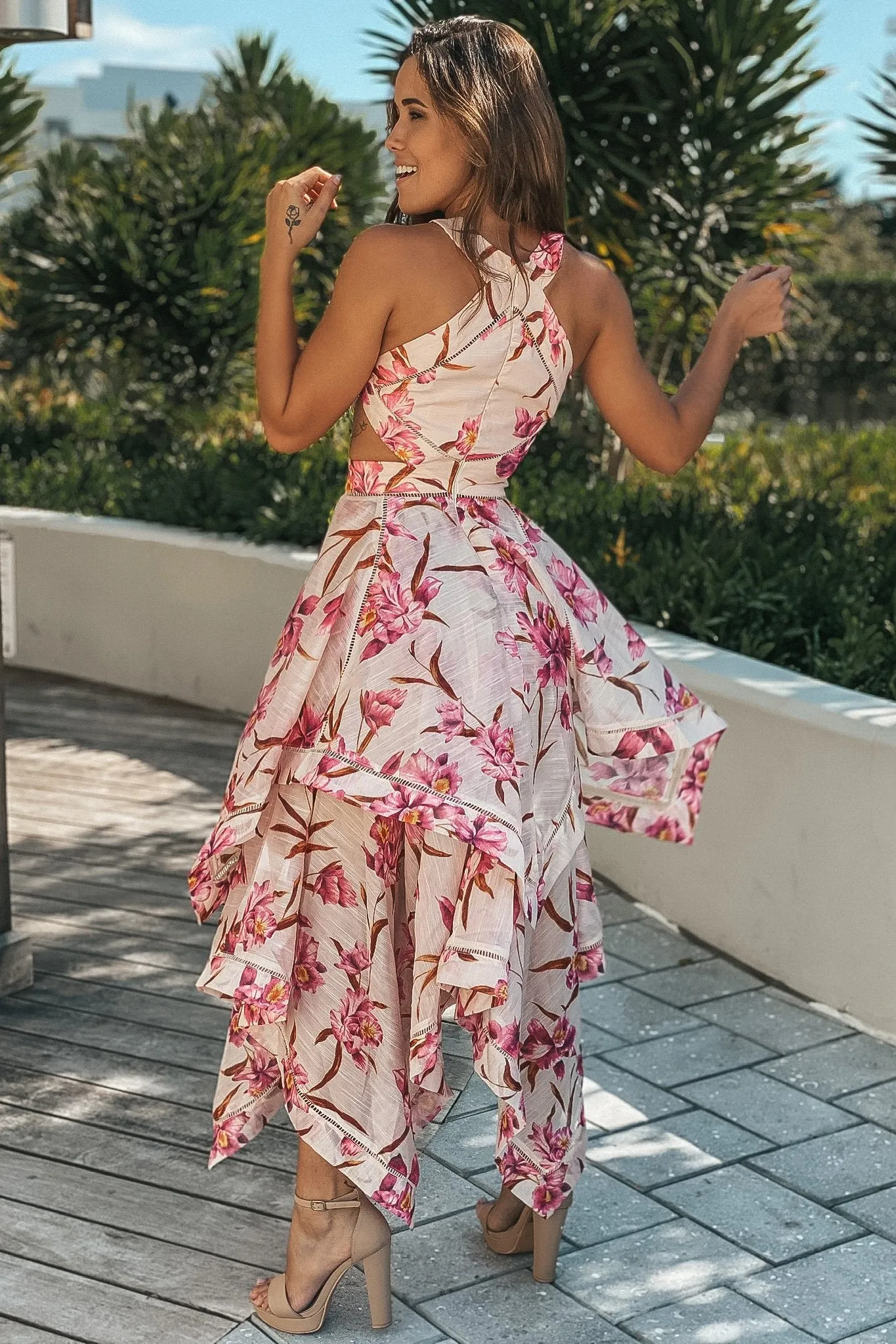 Pink Cut Out Floral High Low Dress