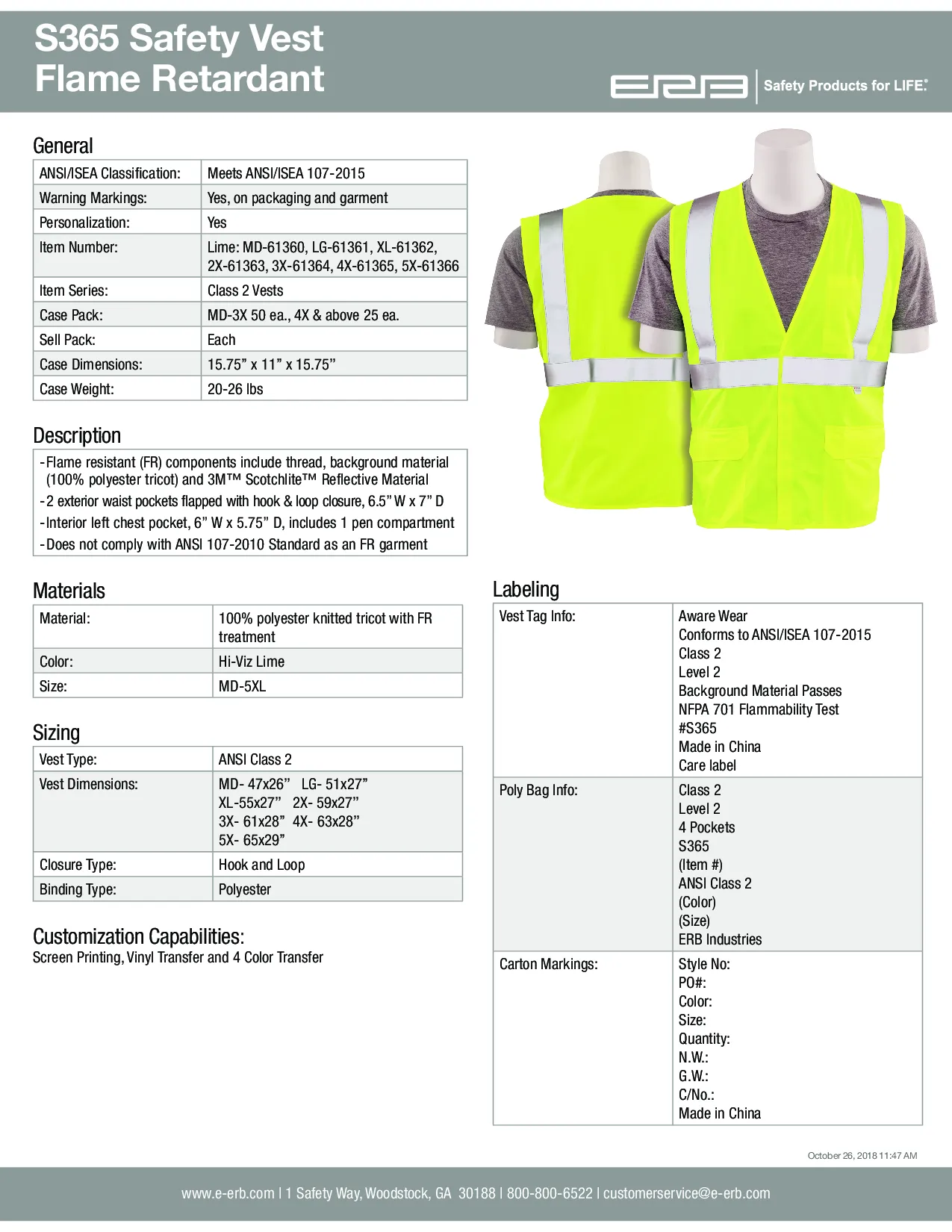 S365 Class 2 Flame Retardant Safety Vest 1pc