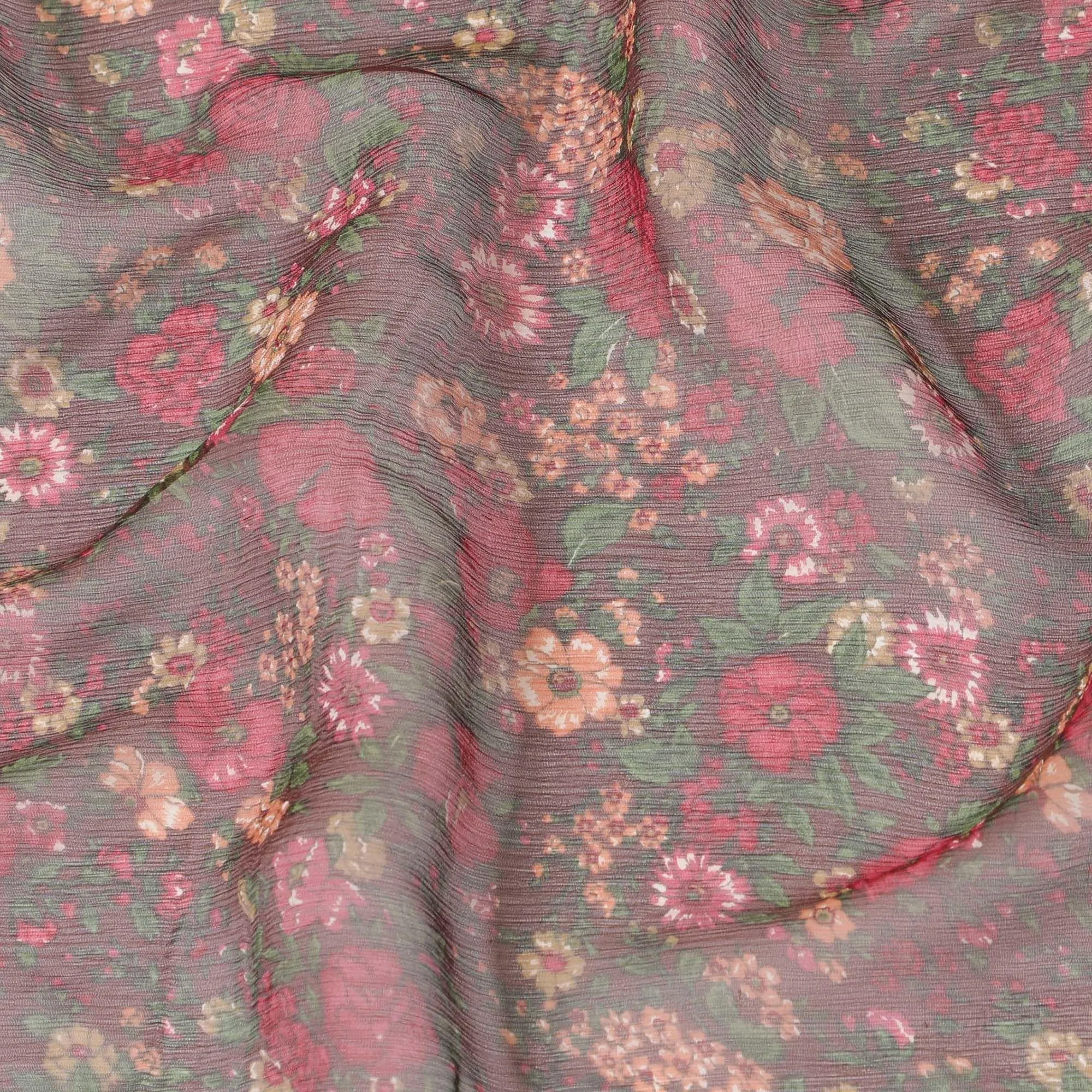 Saddle brown silk chiffon fabric with forest green, ruby pink and peach print in floral design-D8358