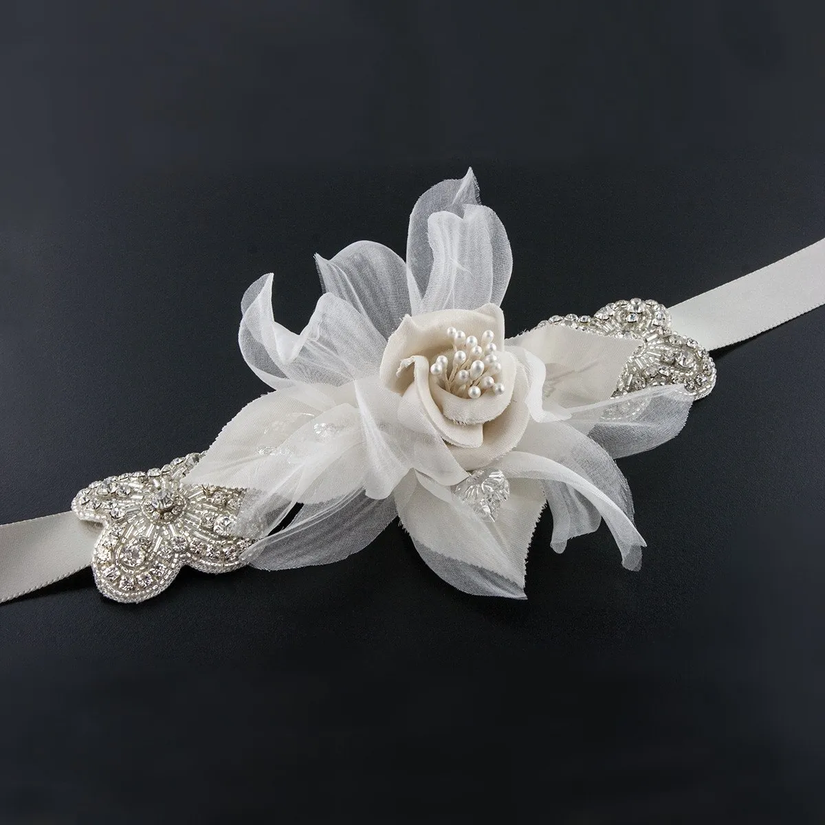 Sash with Silk Flower & Crystal Accents