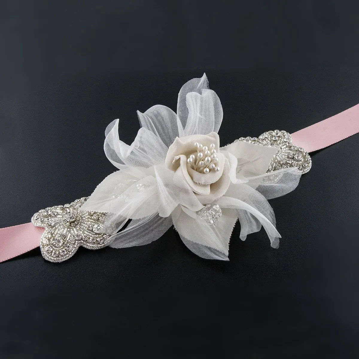 Sash with Silk Flower & Crystal Accents